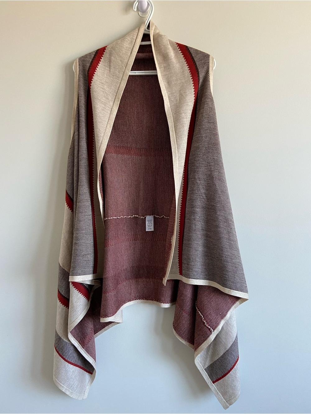 Beige and Brown Open-Front Knit Poncho Sweater with Red Accent